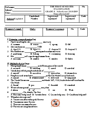 Đề kiểm tra học kì I môn Tiếng Anh Lớp 8 - Năm học 2018-2019 (Có đáp án)